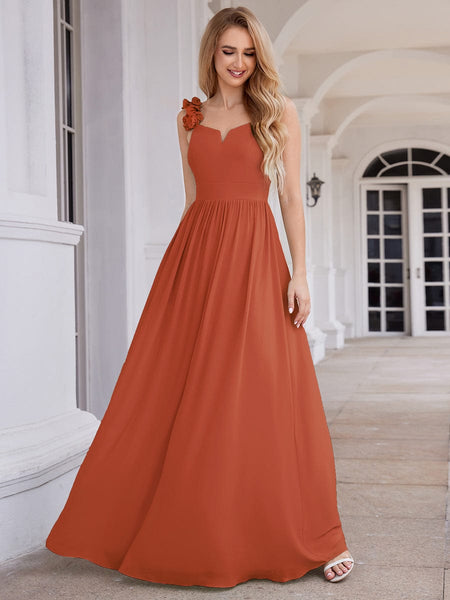 Elegant Floral Strap Long Chiffon Bridesmaid Dress