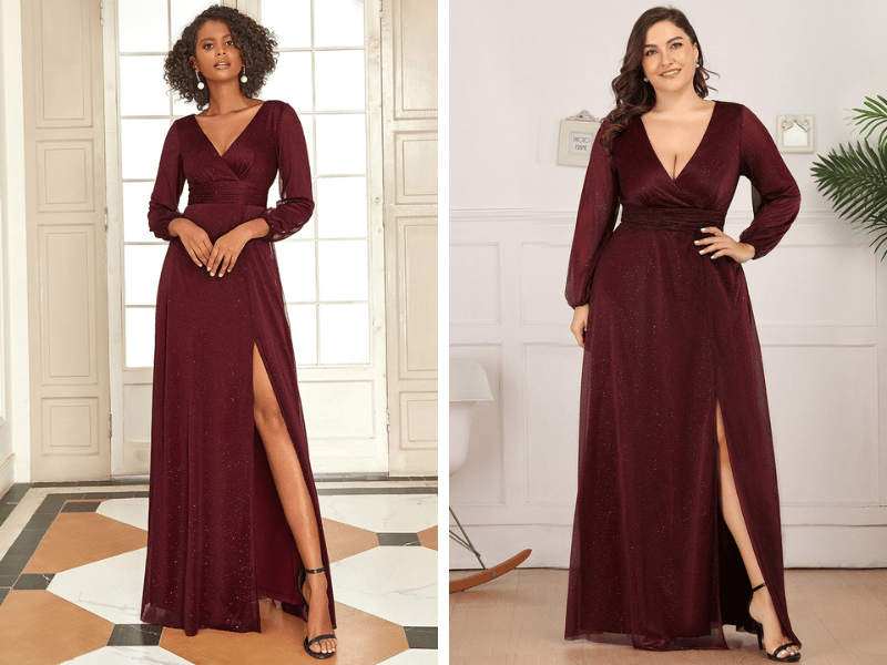 Long Sleeve Glitter Dress with Slit in Burgundy