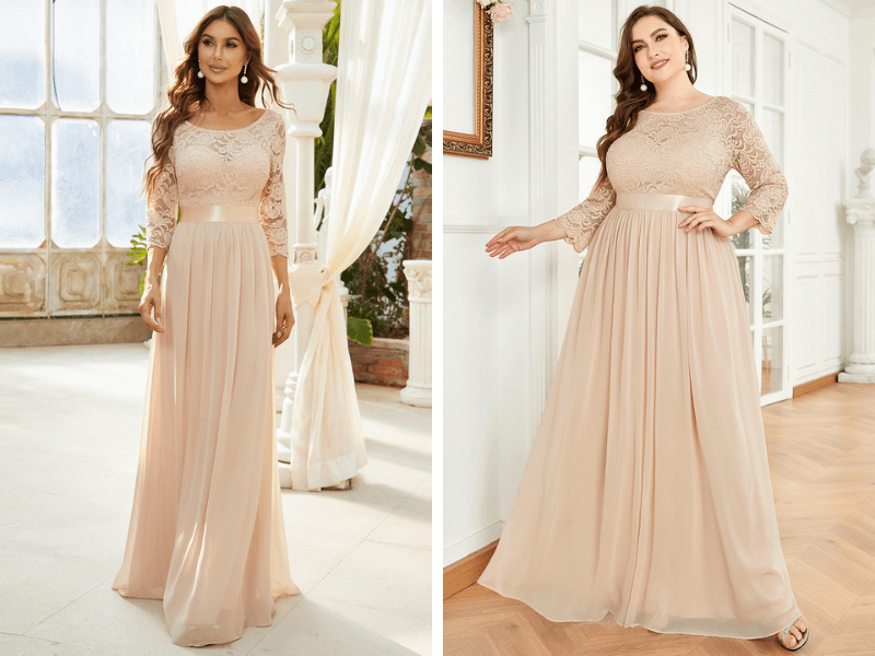 Lace 3/4 Sleeve Maxi Bridesmaid Dress in Blush