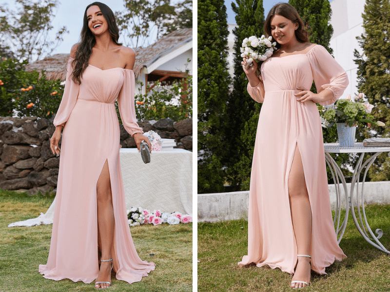 Off Shoulder Long Sleeve Chiffon Bridesmaid Dress in Pink