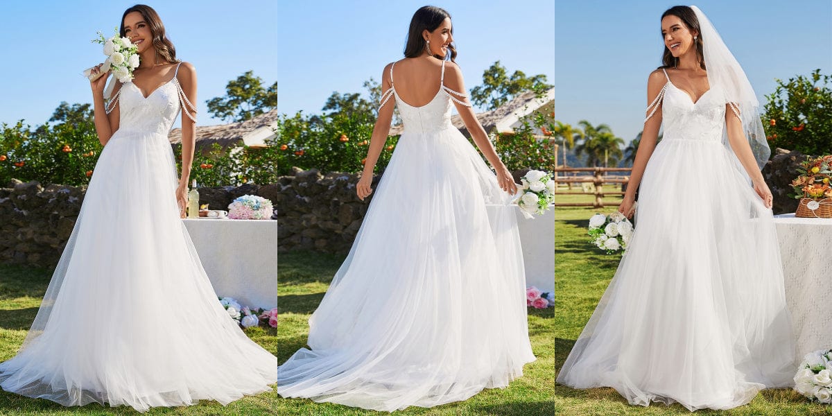 Pearl shoulder strap V-Neck Embroidered A-Line Wedding Dress