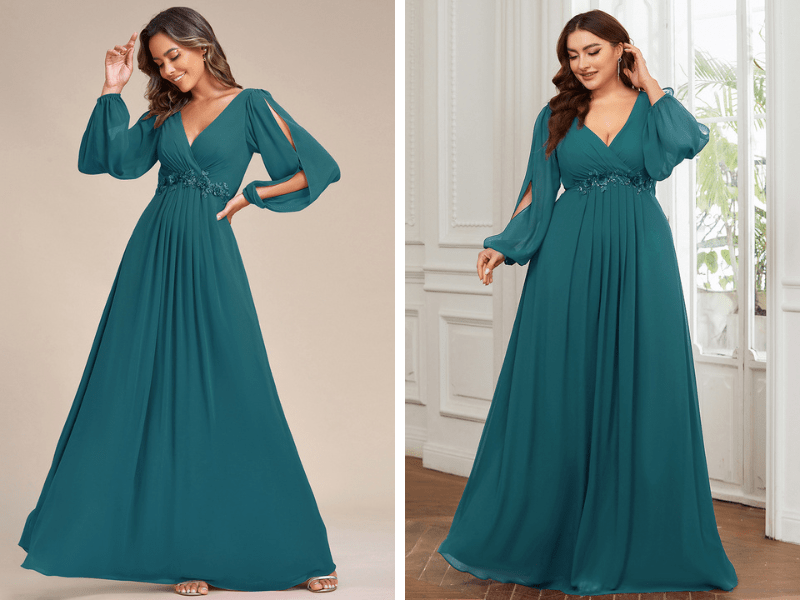 Plunging Neckline Gown with Long Sleeves in Teal