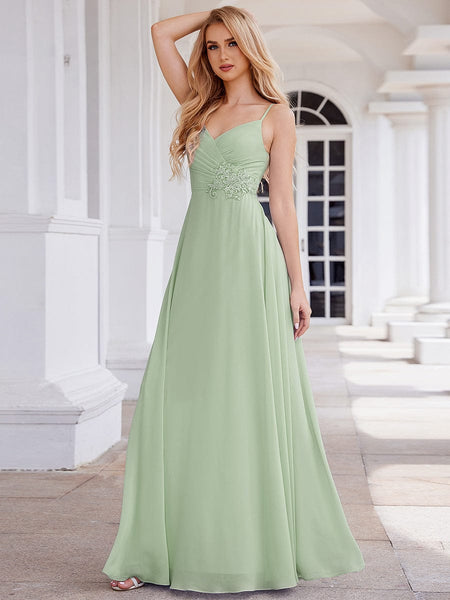 V-Neck Applique Waist Pleated Bridesmaid Dress