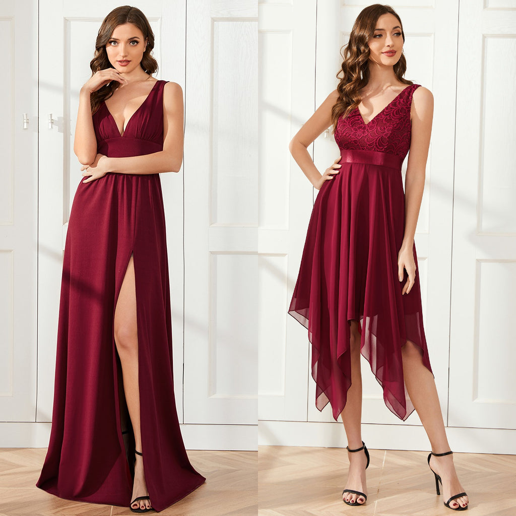 floor-length burgundy bridesmaid dress