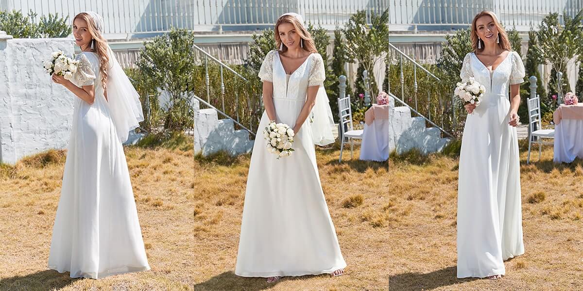 Lace & Chiffon Wedding Dress with Puff Sleeves