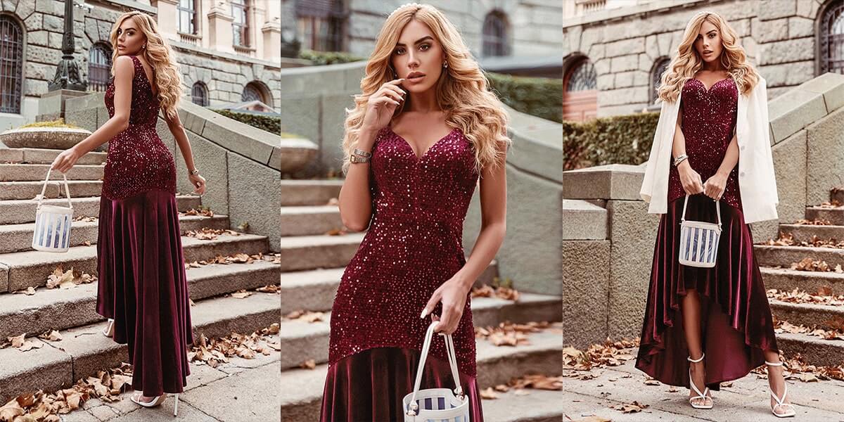 High-Low Sequin & Velvet Evening Dress for Cocktail