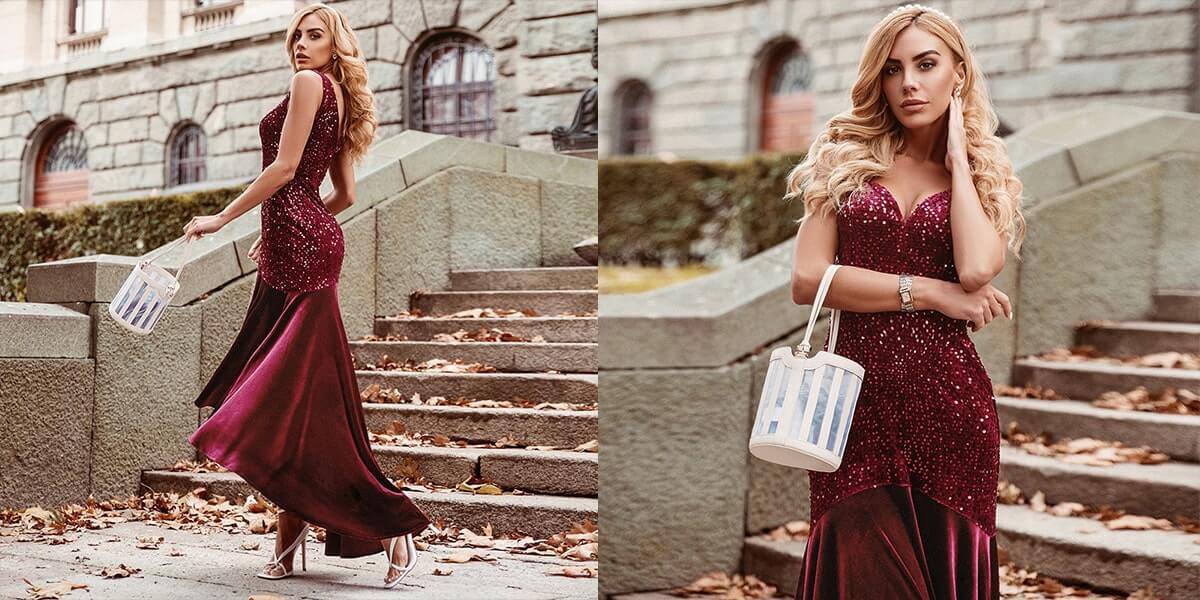 High-Low Sequin & Velvet Evening Dress
