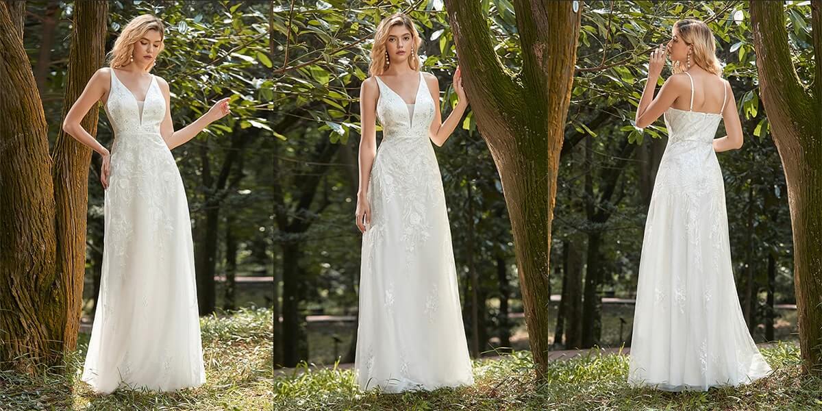 Embroidered V Neck A-Line Tulle Wedding Dresses