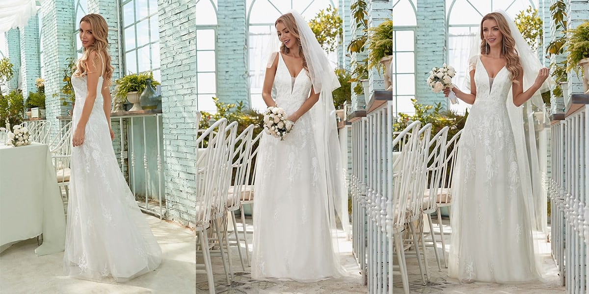 V Neck Wedding Dress with Floral Embroidery