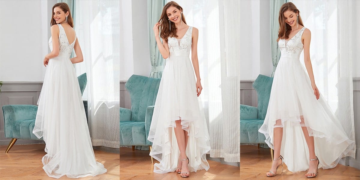 High-Low Deep V Neck Tulle Wedding Dresses