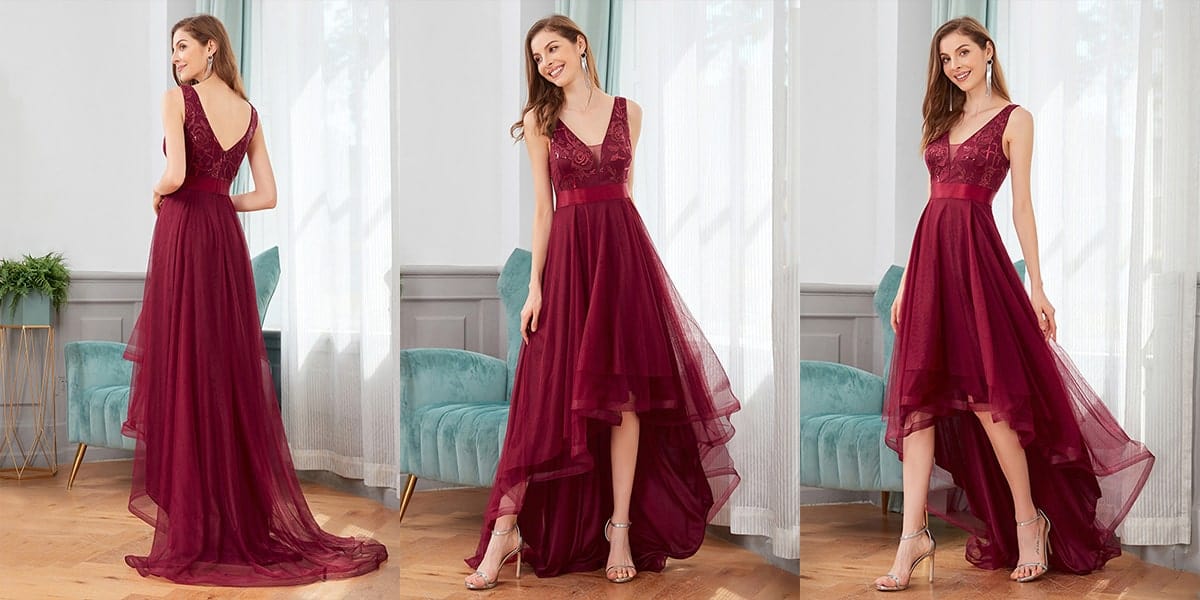 High-Low Deep V Neck Tulle Prom Dresses