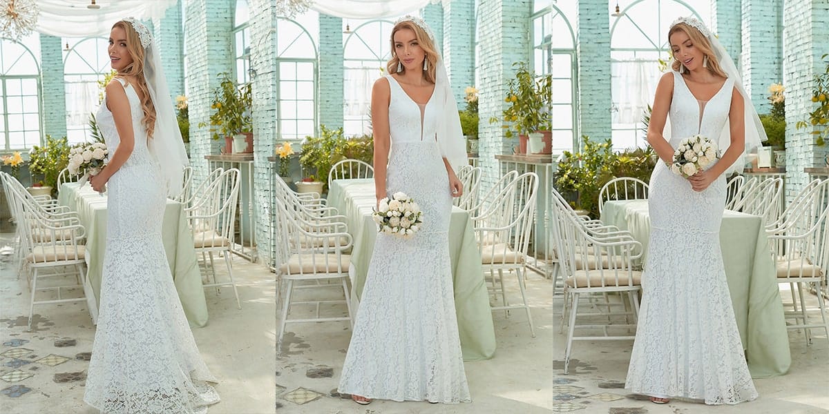 V Neck Sleeveless Fishtail Lace Wedding Dress