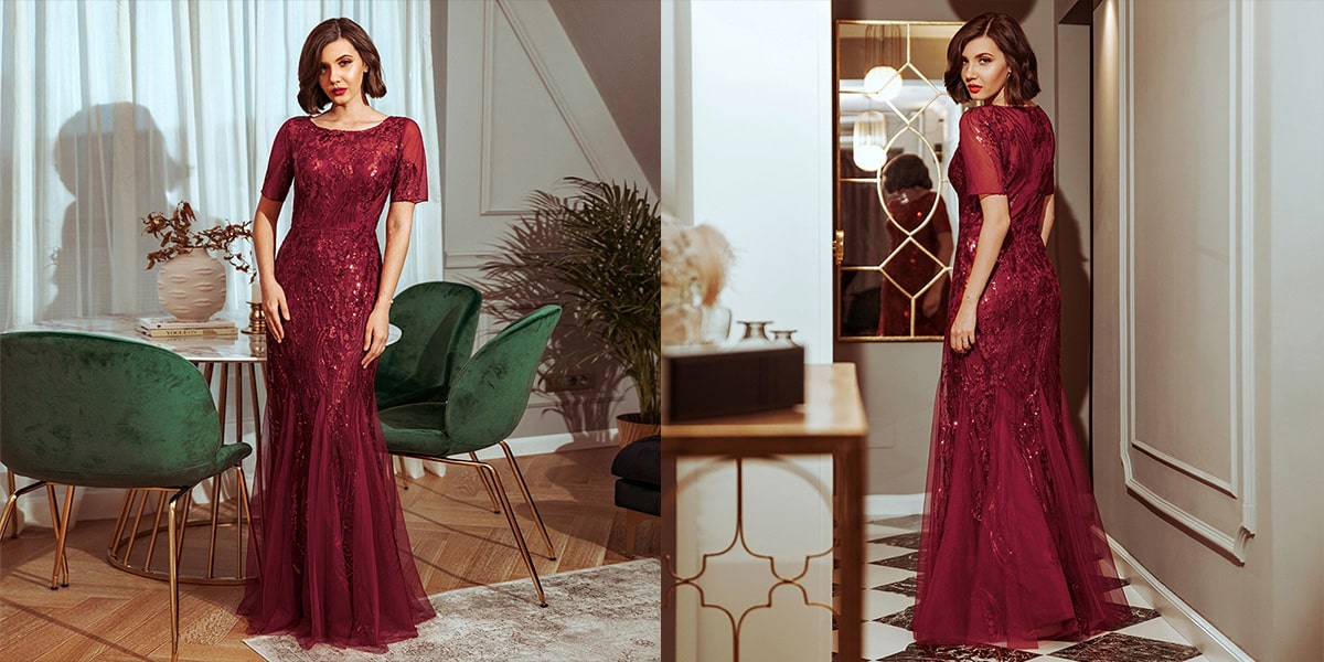 Embroidery Sequin Fishtail Evening Dress
