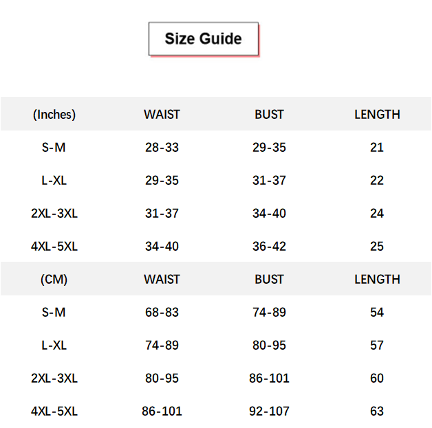 Solid Zip Front Shapewear Trainer conversion chart & size guide