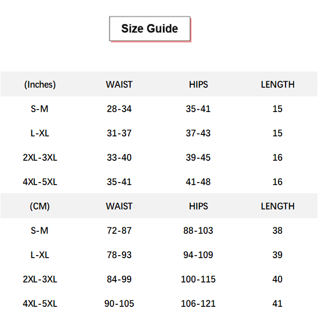Waist Compression Sweat Burner Shapewear Sports Shorts conversion chart & size guide