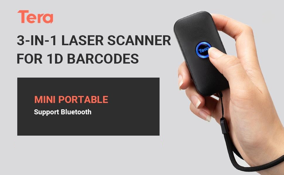 Tera 1D Bluetooth Mini Barcode Scanner, 3-in-1 Bluetooth & USB Wired & 2.4G  Wireless Laser 1D Bar Code Reader, Portable Barcode Scanner Work with iOS