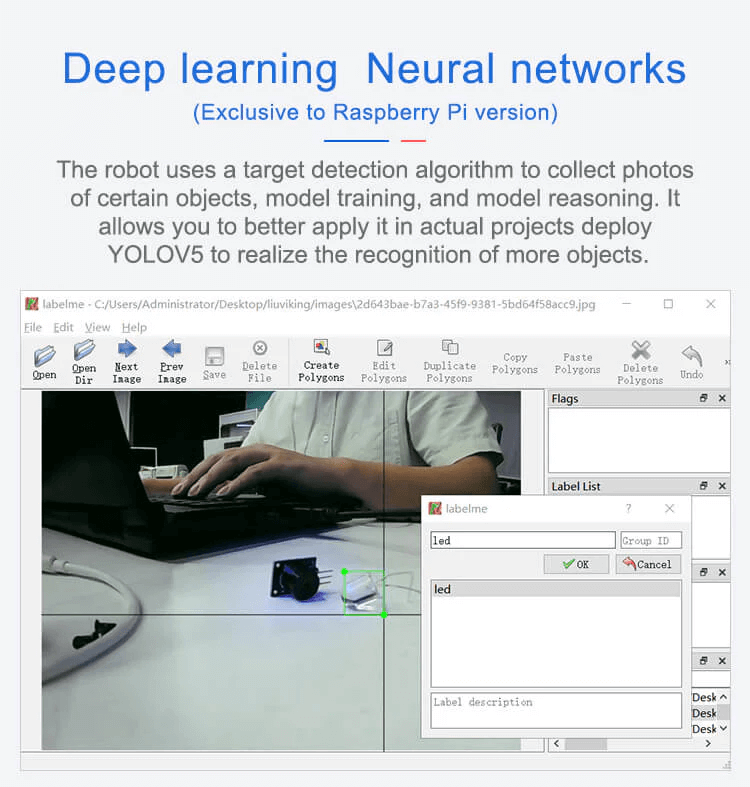 XiaoR GEEK Raspberry Pi 4B Artificial Intelligence Programmable Hexapod Bionic Spider Smart Robot Kit uses a target detection algorithm to collect photos of certain objects, model traning, and model reasoning.