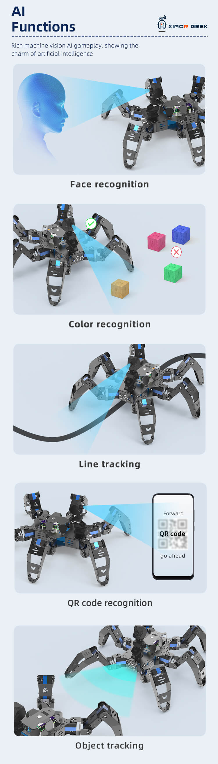 AI functions：face recognition， color recognition，line tracking, QR code recognition，object tracking