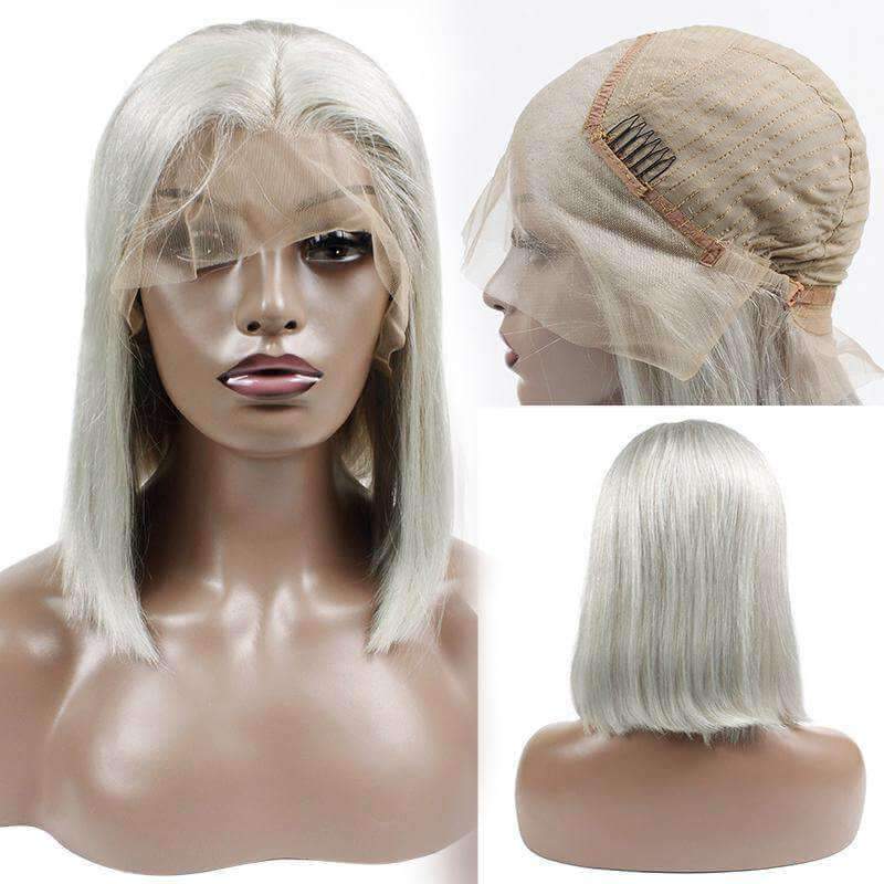 Lace Bob Wigs Grey Straight Human Hair Pre Plucked Swiss Lace Frontal Wig