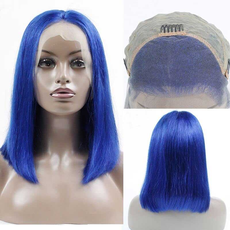 Short Bob Wig Blue Human Hair Lace Front Wig