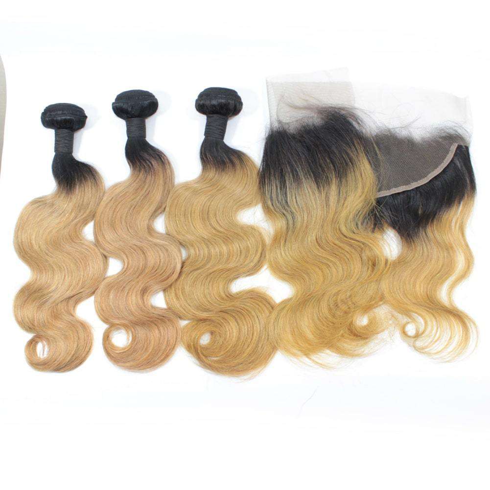 1b/27 Body Wave Ombre Hair Bundles With 13x4 Lace Frontal Closure Honey Blonde Hair