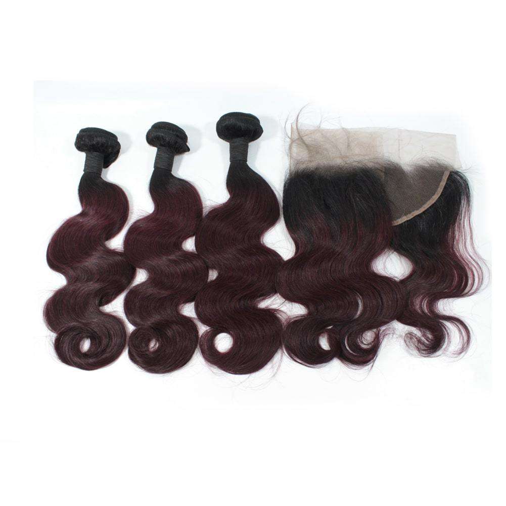 1B/99j Ombre Burgundy Human Hair Body Wave 3 Bundles With 13X4 Lace Frontal Ear to ear Closure