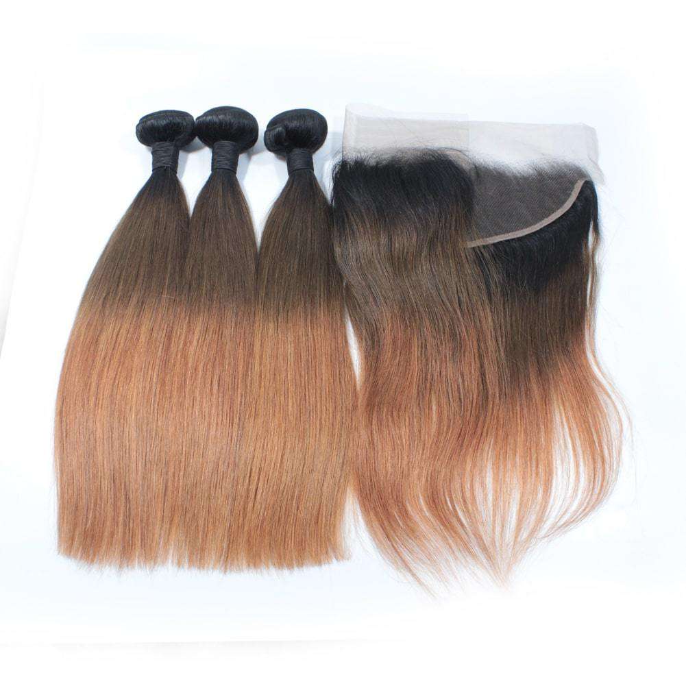 Brazilian Ombre 1b/4/30 Straight Hair 3 Bundles With Lace Frontal Closure Free Part