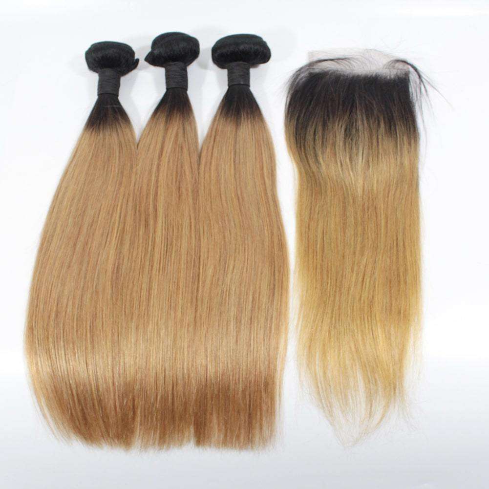 Ombre Hair 1B/27 Blonde Hair Bundles With Closure Dark Root Hair Straight Human Hair