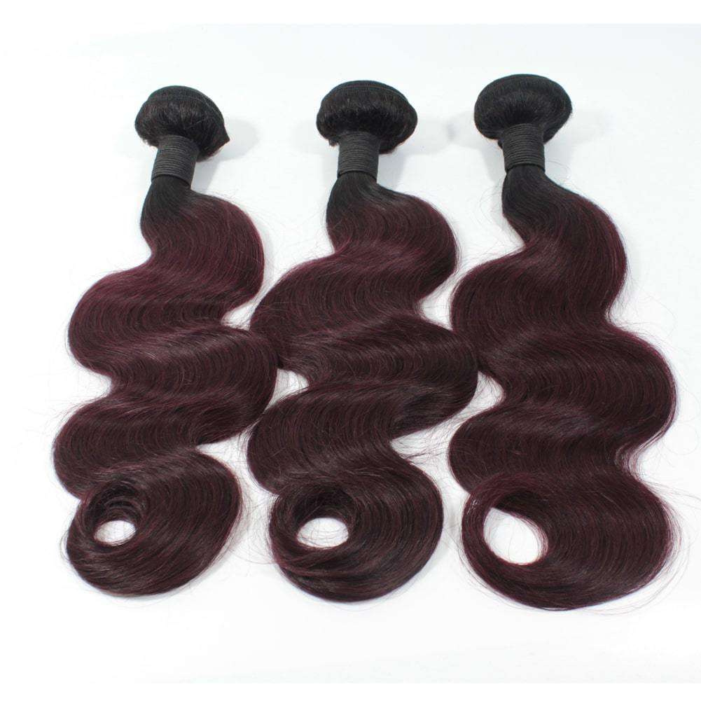 1B/99j Ombre Burgundy Human Hair Body Wave 3 Bundles With 13X4 Lace Frontal Ear to ear Closure