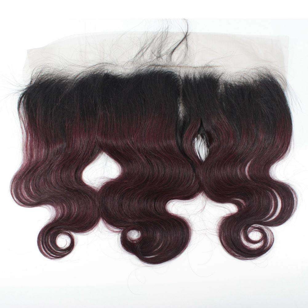 1B/99j Ombre Burgundy Human Hair Body Wave 3 Bundles With 13X4 Lace Frontal Ear to ear Closure