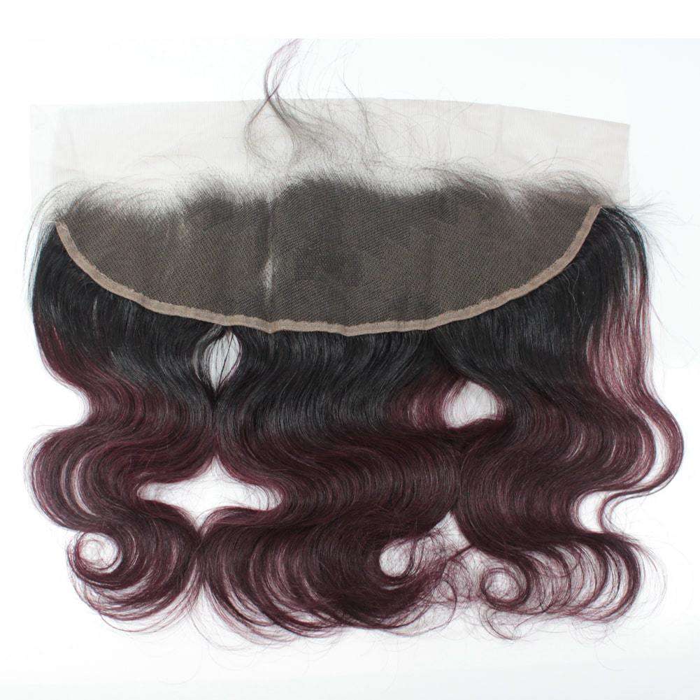 1B/99j Ombre Burgundy Human Hair Body Wave 3 Bundles With 13X4 Lace Frontal Ear to ear Closure