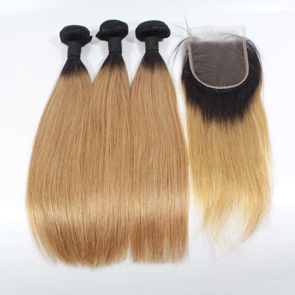 Ombre Hair 1B/27 Blonde Hair Bundles With Closure Dark Root Hair Straight Human Hair