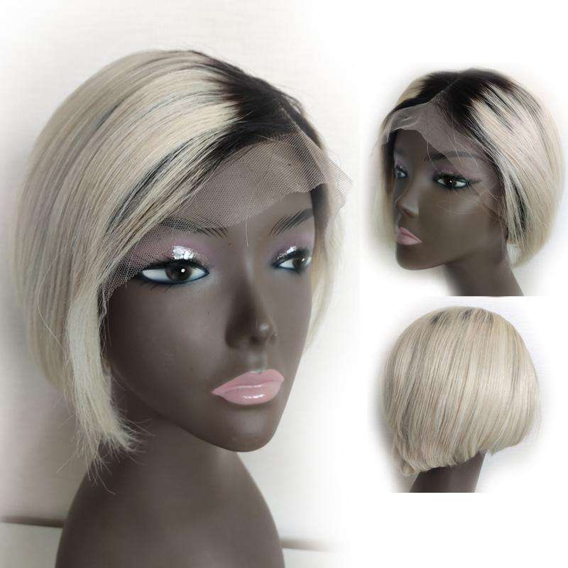 Pixie Wigs Human Hair Lace Front Wigs Ombre 1b 613 Light Blonde Straight Africa American Wigs