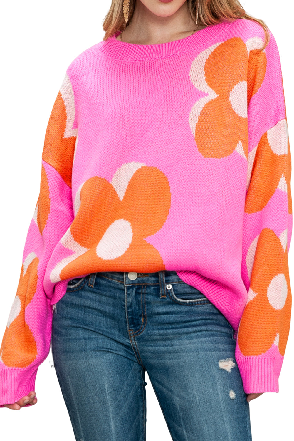 Camel, Pink & Orange Floral Cable Knitted Sweater