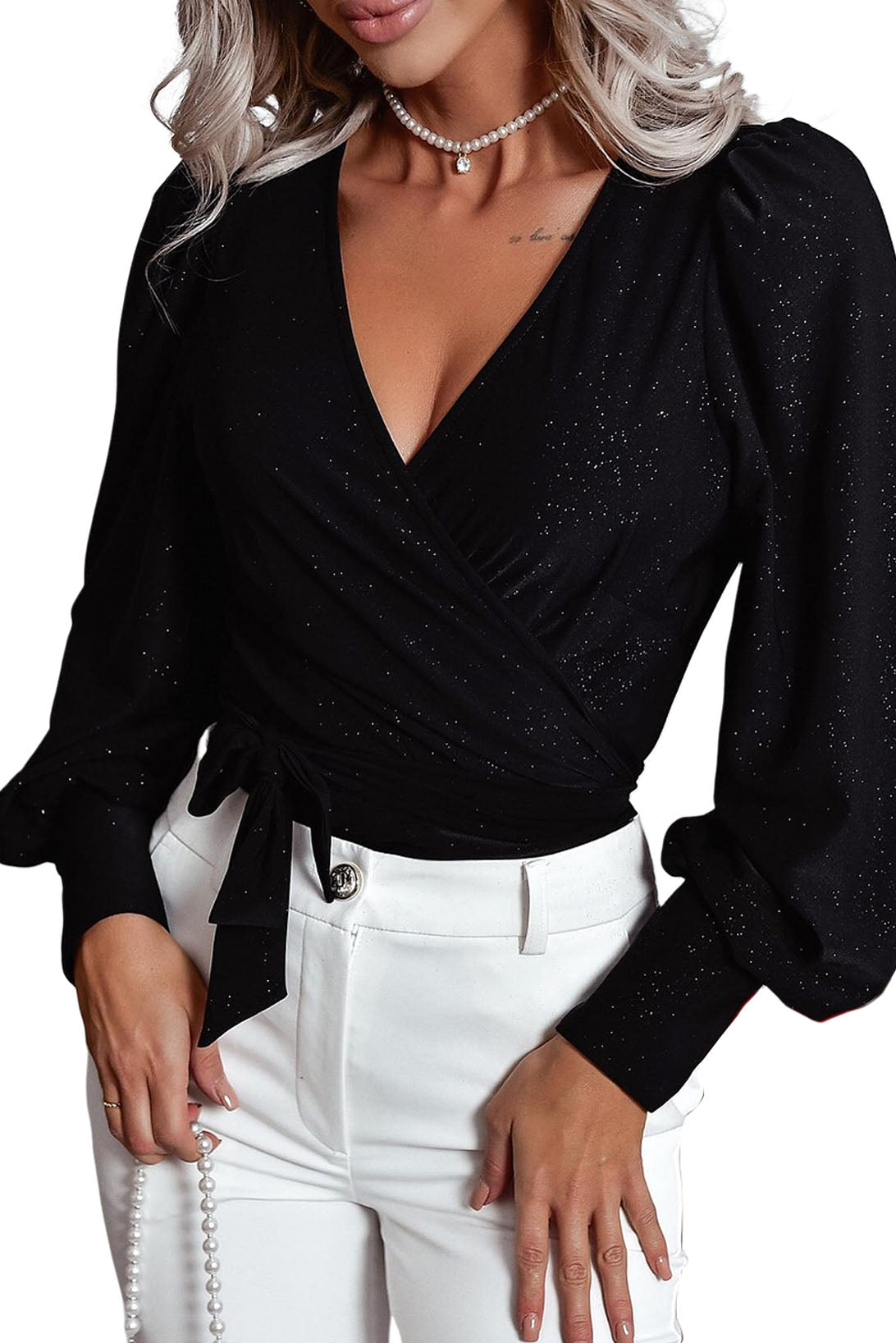 Glitter Wrap V Neck Tie Hem Puff Sleeve Blouse