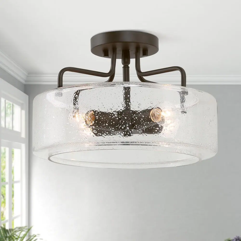 12 in. 4-Light Modern Black Semi-Flush Mount Ceiling Light with Seeded Glass Shade