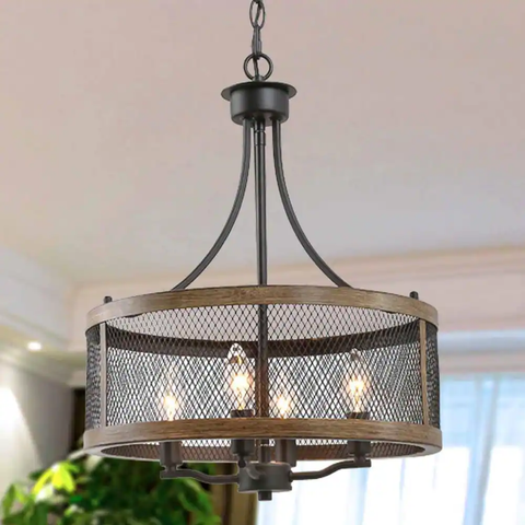 Black Caged Chandelier, Farmhouse 4-Light Drum Bronze Modern Round Chandelier Island Pendant Light with Faux Wood Accent