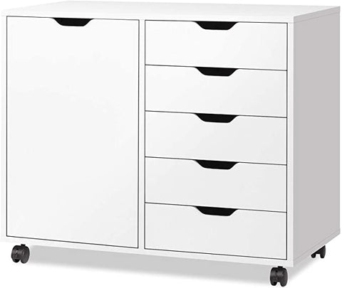 Devaise White 5-Drawer Wood Dresser Chest with Door