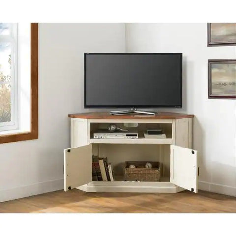 Rustic Corner Antique White Metal Corner TV Stand Fits TVs Up to 55 in. with Cable Management