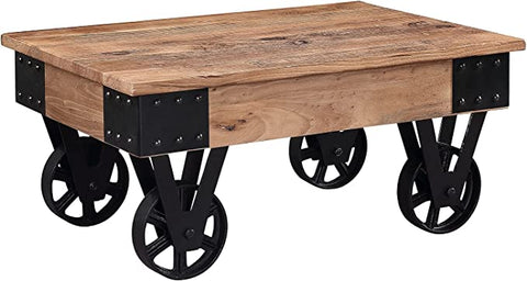 Rustic Country Coffee Table with Metal Wheels