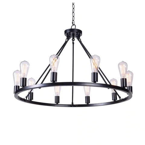 Stratton 10-Light Black Wagon Wheel, Industrial Farmhouse Dining Room Chandelier with Bulbs Included