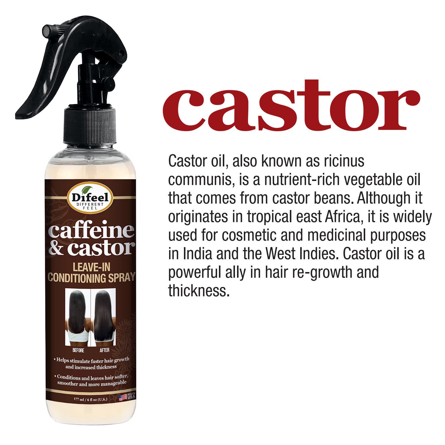 Difeel Caffeine & Castor Leave-in Conditioning Spray 6 oz.