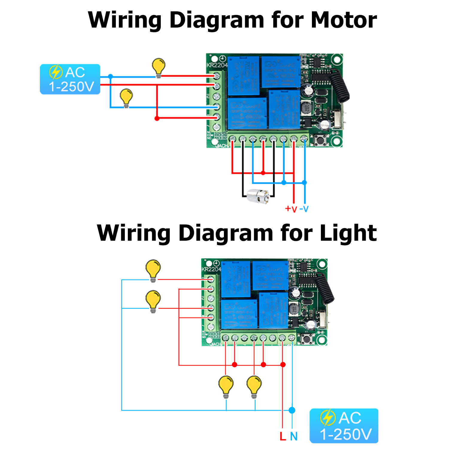 KR2204 RF 433MHz Wireless Receiver AC 90V 110V 220V 260V 4CH 10A Relay remote control switch 4 channels controller receiver module and transmitter  NO COM NC