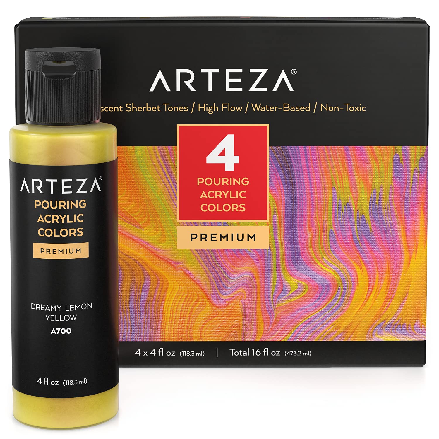 Arteza Pouring Acrylic Paints, Iridescent Sherbet Tones, 4oz Bottles - Set of 4