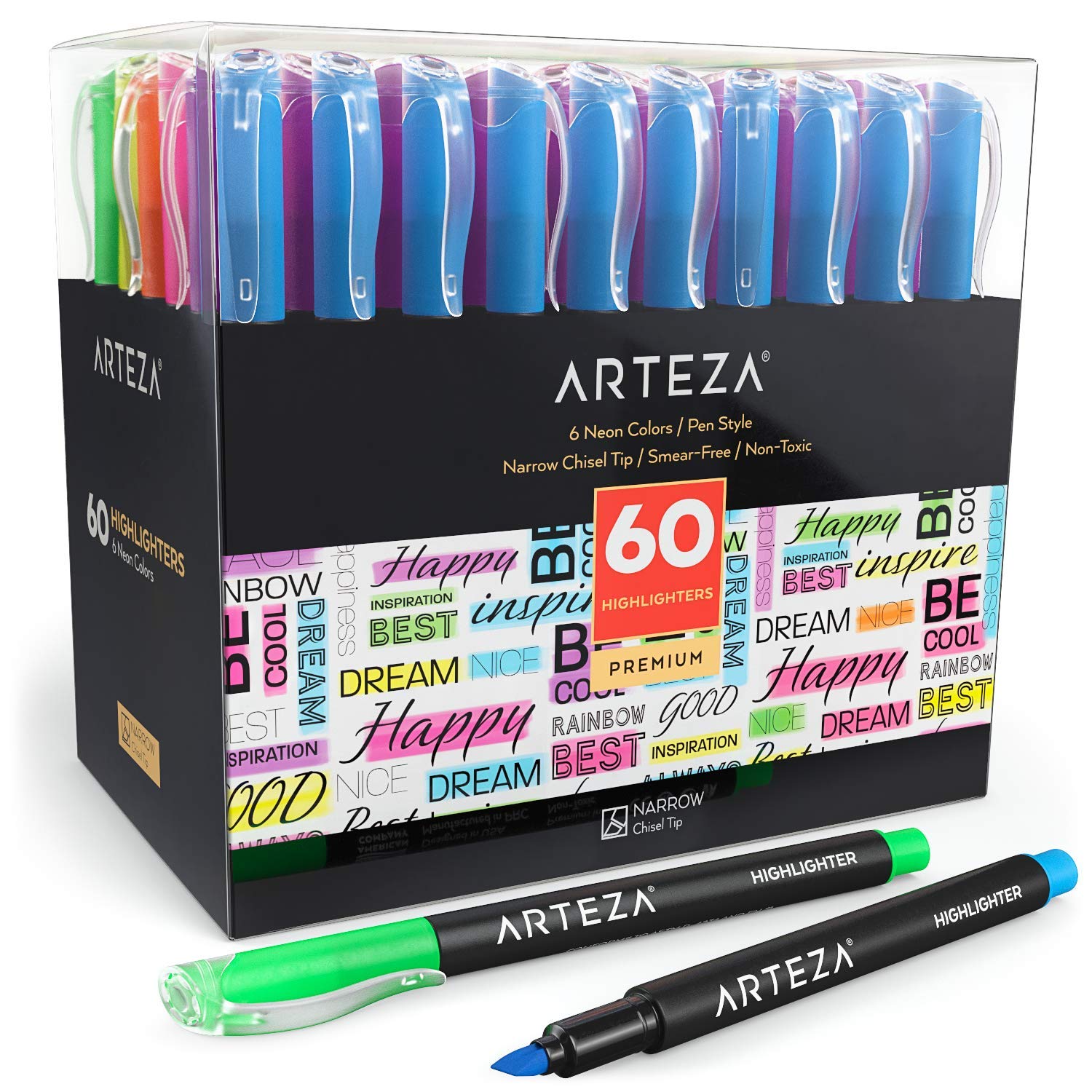 Arteza Highlighters, 6 Assorted Colors, Narrow Chisel Tip - Set of 60