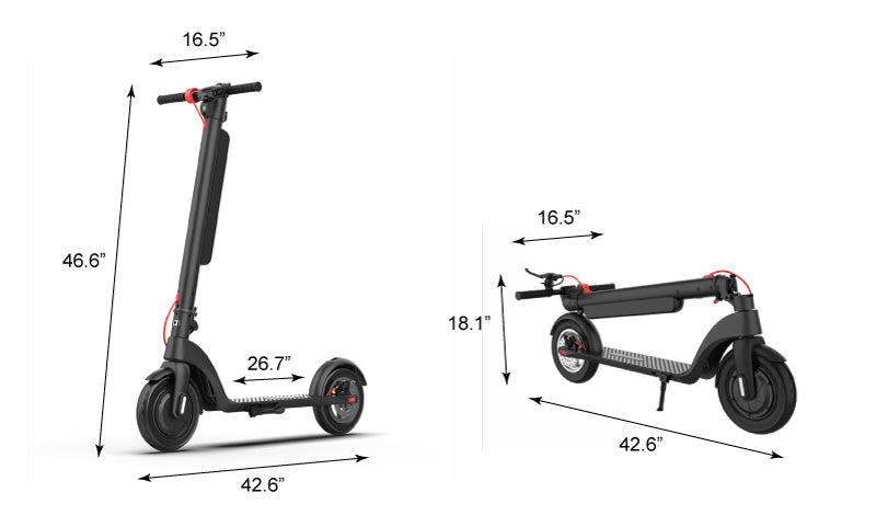 dimensions of HX X8 350W 36V 10Ah 10 Inch Wheel Electric Kick Scooter