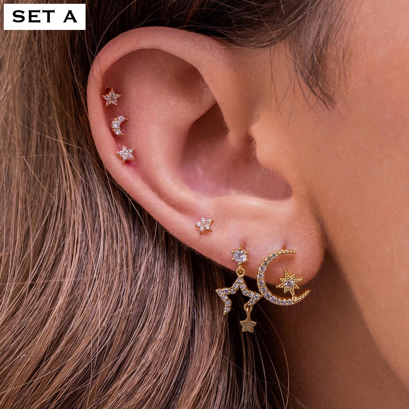 Gold Celestial Stud Earrings Sets