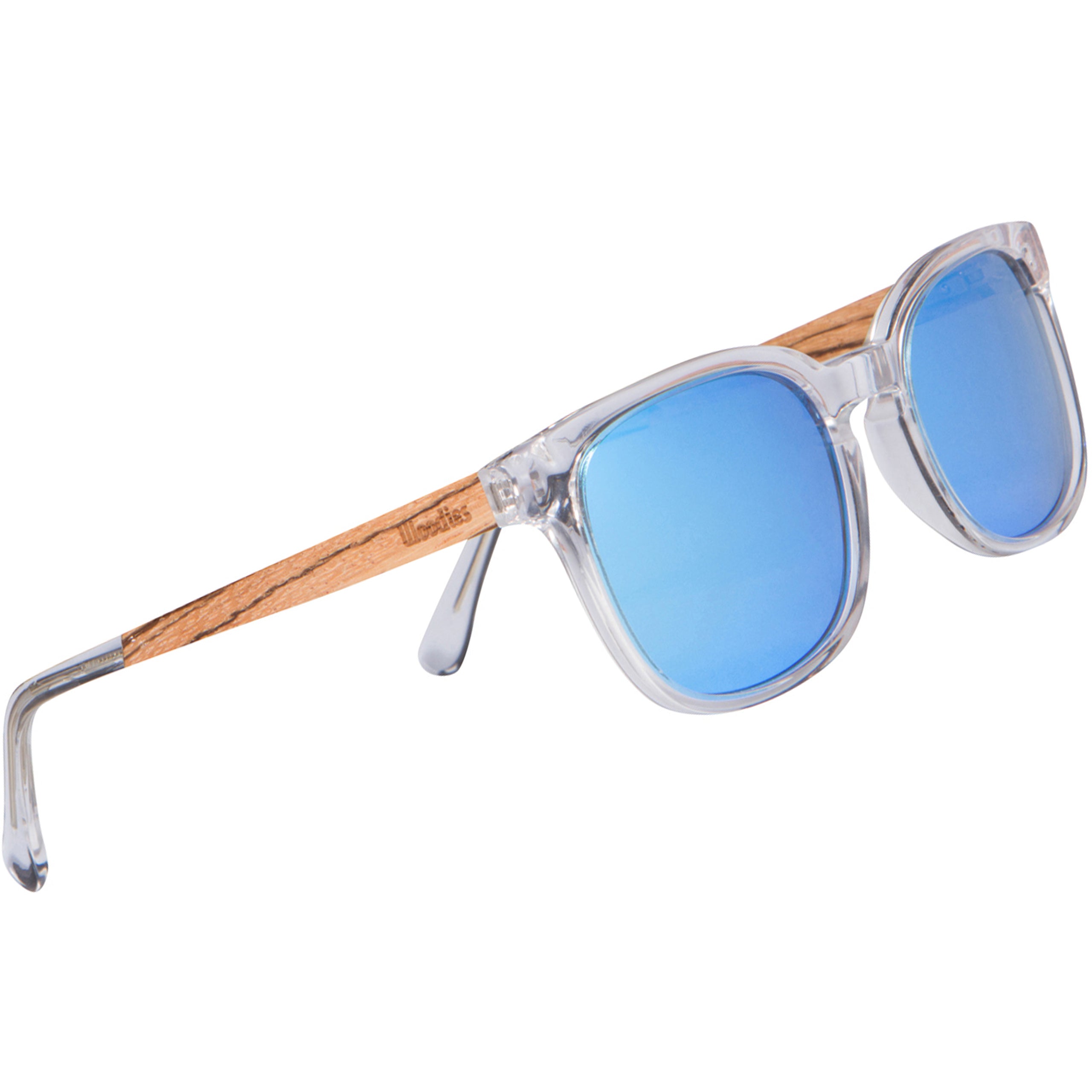 Clear Acetate Sunglasses with Polarized Blue Lens in Wood Display Box