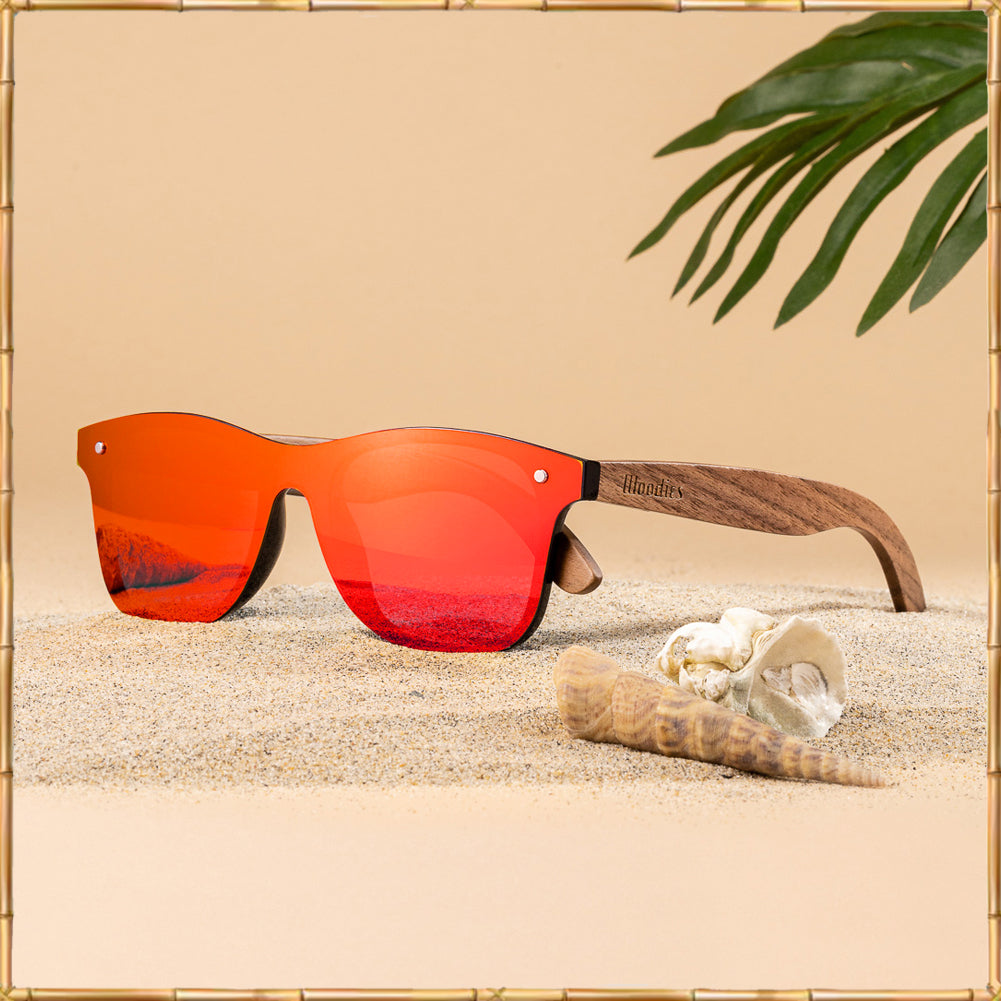 Walnut Wood Sunglasses with Flat Red Mirror Polarized Lens