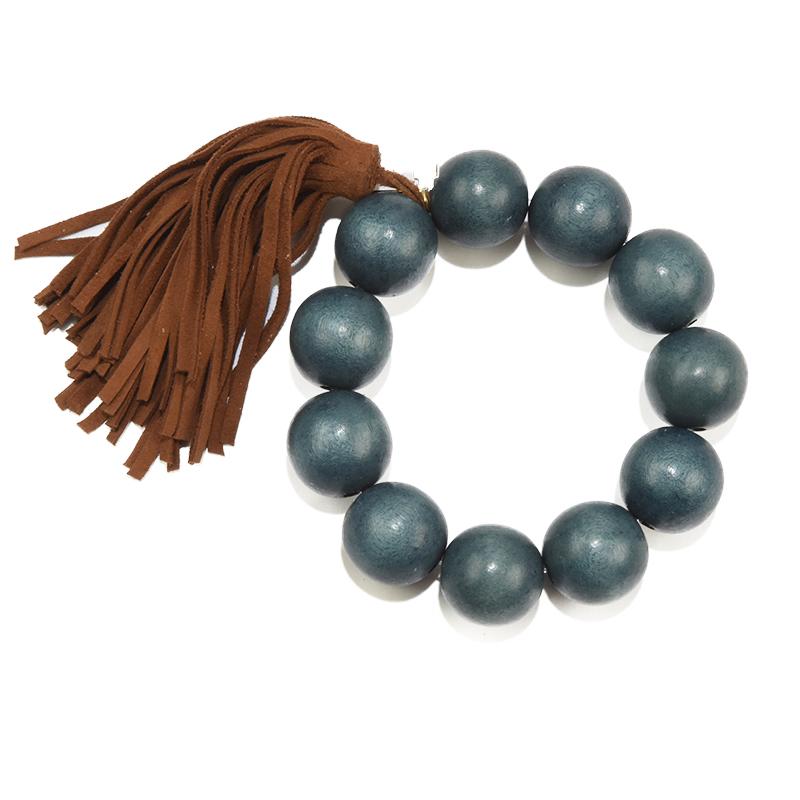 Teal Wood Bead and Brown Suede Tassel Bracelet